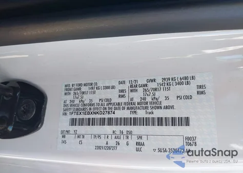 2022 Ford F-150 Xl из США, поврежденный, VIN 1FTEX1EBXNKD27874